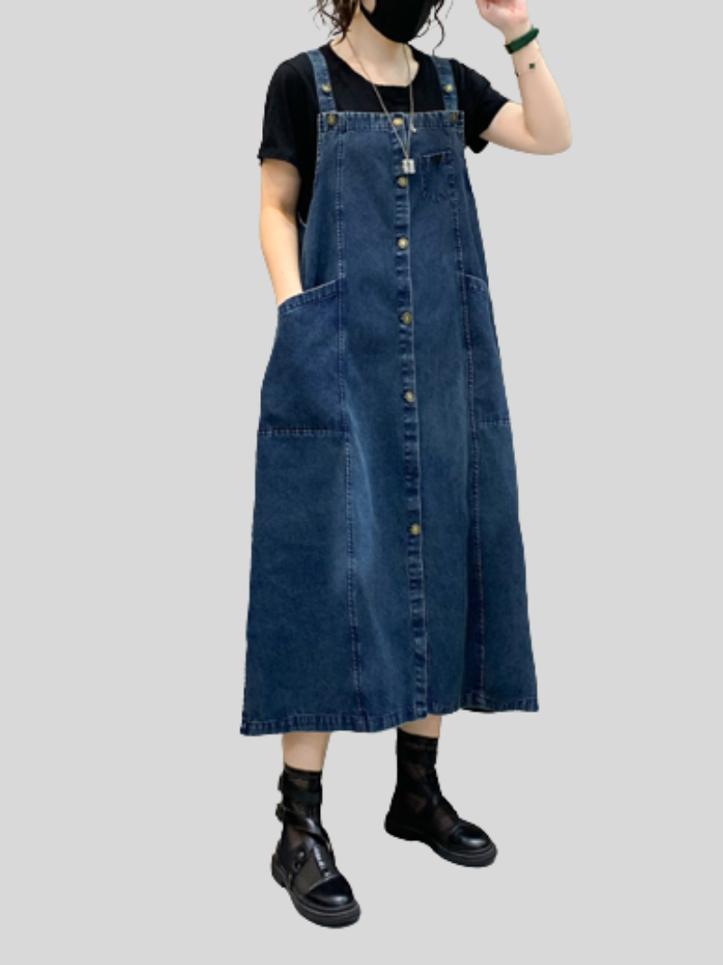 Denim Button-Front Suspender Strap Pocket A-Line Midi Dress 7