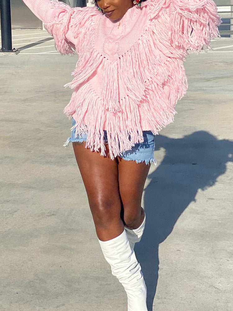 Tassel Fringe Cable Knit Sweater