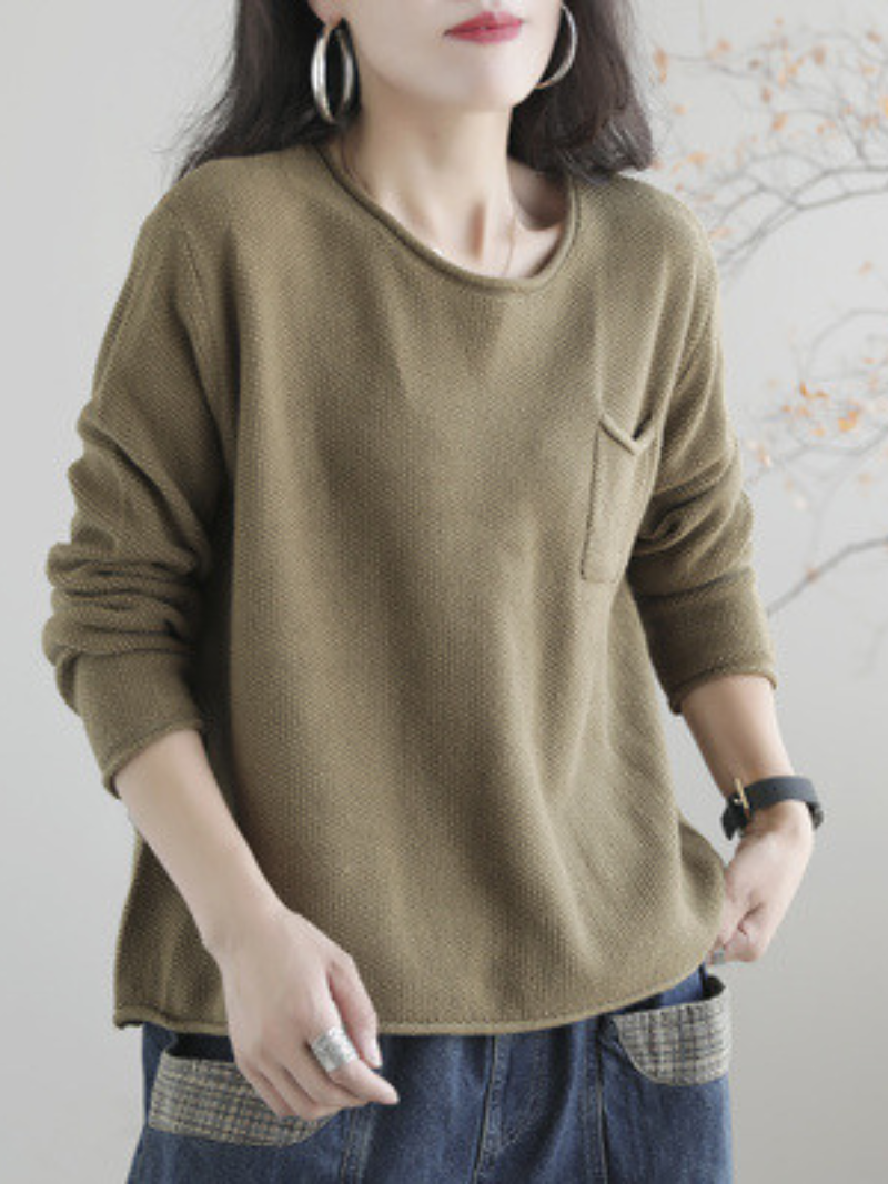 Knitted Small Pocket Solid Color Casual Loose Retro Sweater Top 7