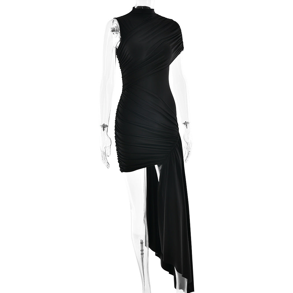 Ruched Mock Neck Sleeveless Asymmetric Draped Mini Dress 7