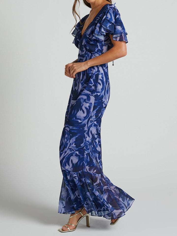 V Neck Flutter Sleeve Maxi Dress In Navy Swirl - Fashionpara