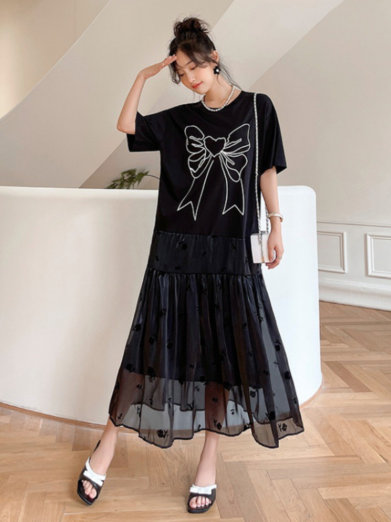 Summer Black Round Neck Short Sleeve A Line Casual Dress - Fashionpara
