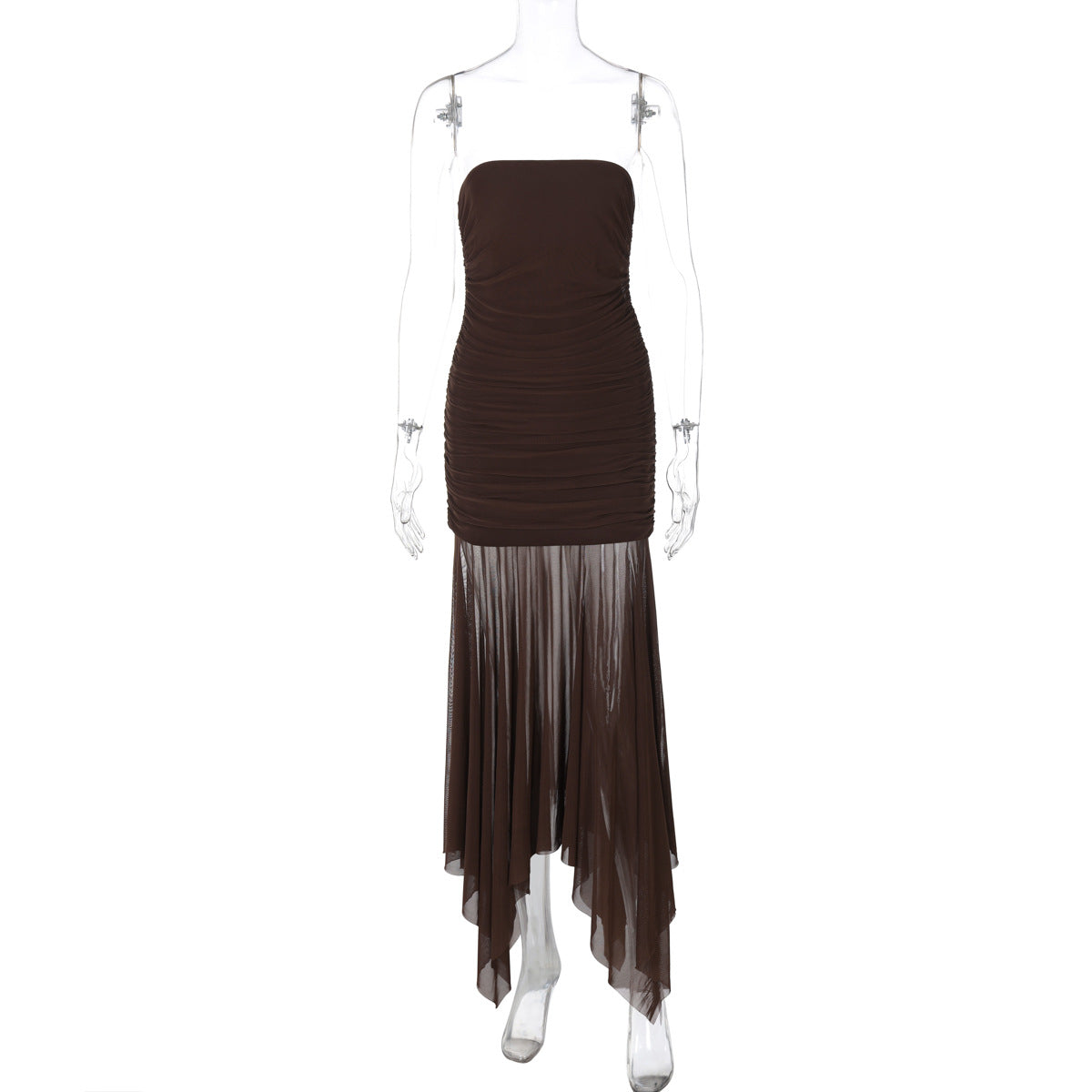 Mesh Strapless Ruched Bodycon Fishtail Maxi Dress 7