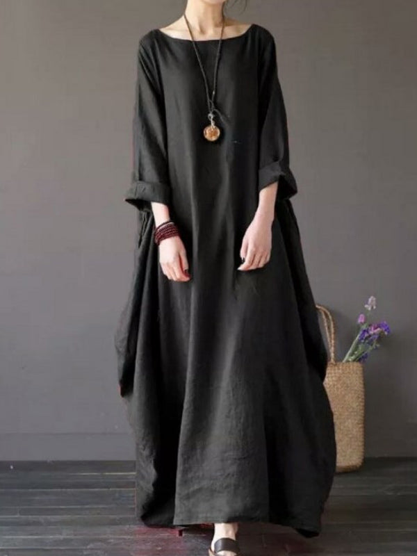 Linen Round Neck Long Sleeve Lantern Maxi Dress 3