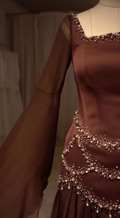 Gorgeous Brown Satin Chiffon Beaded Mermaid Prom Dress Long Party Gown D889