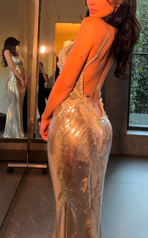 Classy Silver Spaghetti Straps Sequin Mermaid Prom Dress Backless Evening Dress D1060