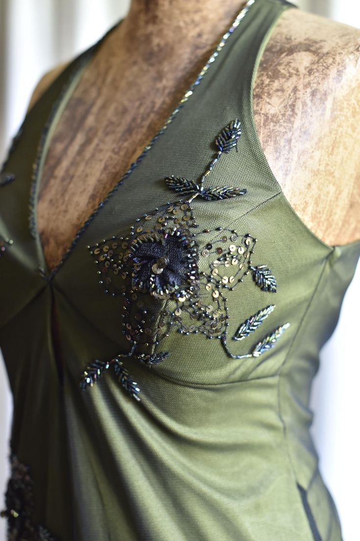 Vintage Olive Green Satin Tulle Beaded Mermaid Evening Dress Backless Long Party Dress D1405
