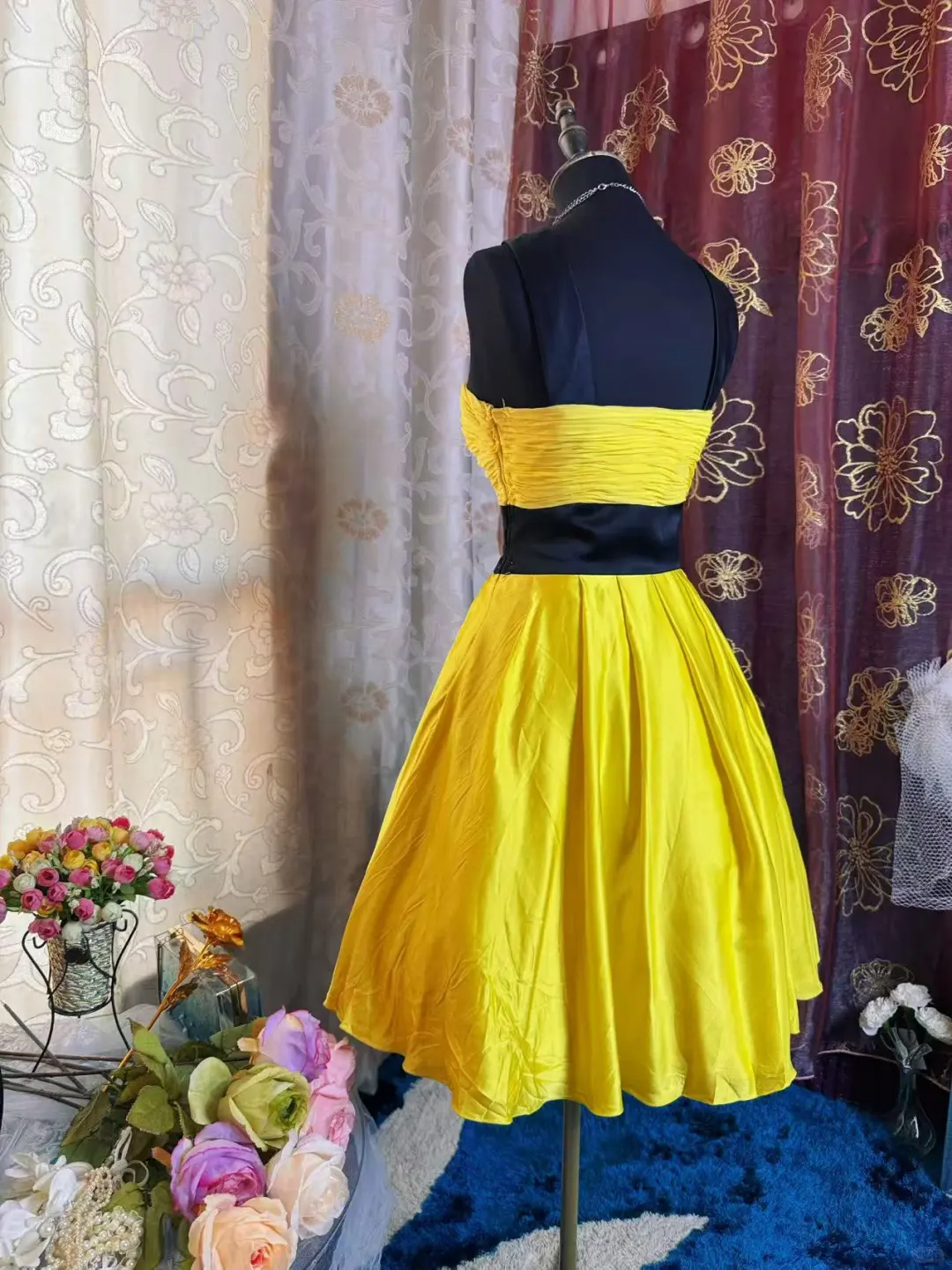 Fashion Yellow Black Splicing A Line Short Party Dress Formal Graduation Homecoming Dress D527