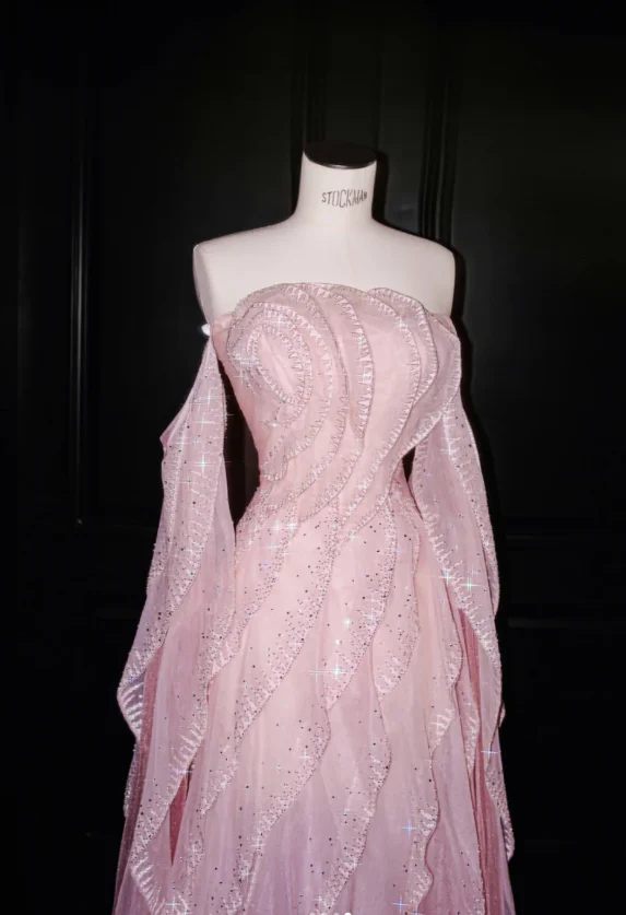 Glamorous Off The Shoulder Pink Chiffon Ruffles Sequin Beaded Long Party Dress Birthday Prom Dress D1217