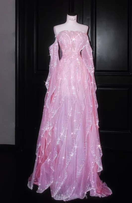 Glamorous Off The Shoulder Pink Chiffon Ruffles Sequin Beaded Long Party Dress Birthday Prom Dress D1217