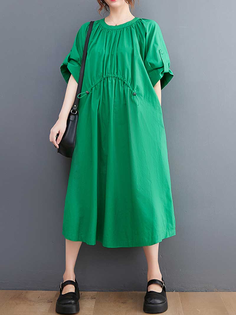 Plain Cotton Short Sleeve A-Line Dress - Fashionpara
