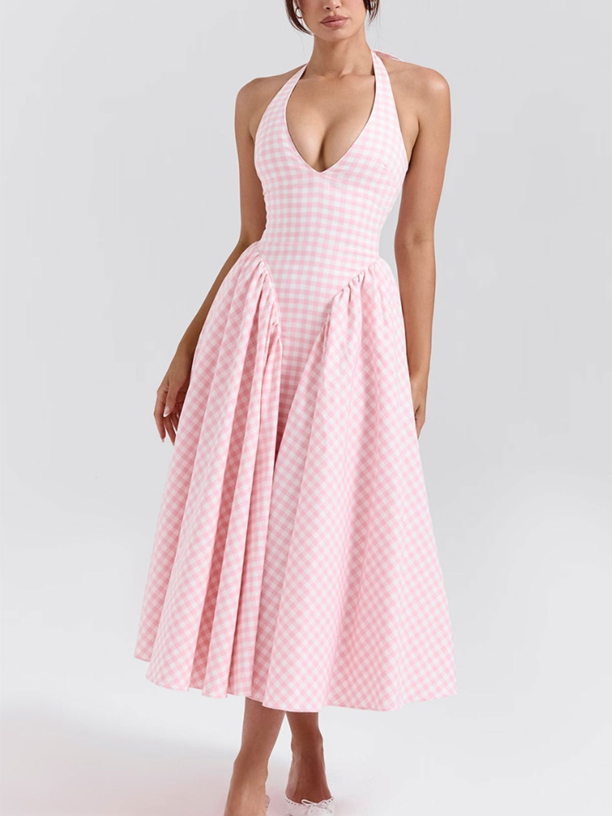 Deep V-Neck Halter Neck Gingham Pleated Midi Dress 27