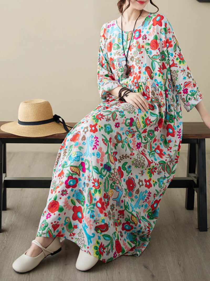Chic Bohemian Long-sleeved floral Smock Dress - Fashionpara
