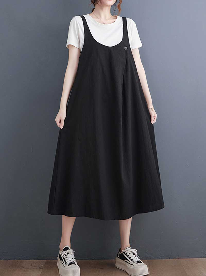 Plain Cotton Round-Neck Salopette Dress - Fashionpara