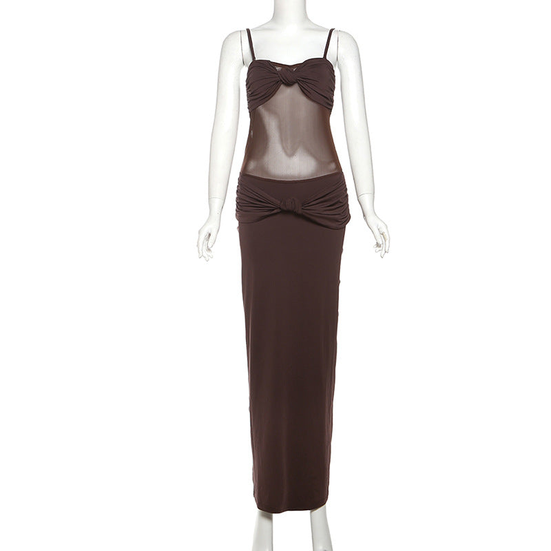 Strappy Sweetheart Mesh-Panel Knot-Front Bodycon Maxi Dress 7