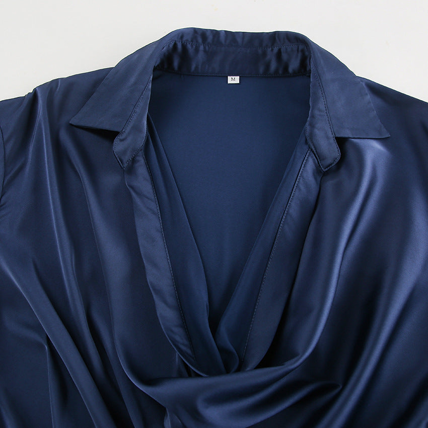 Satin Collared Cowl-Neck Long-Sleeve Mini Dress 7