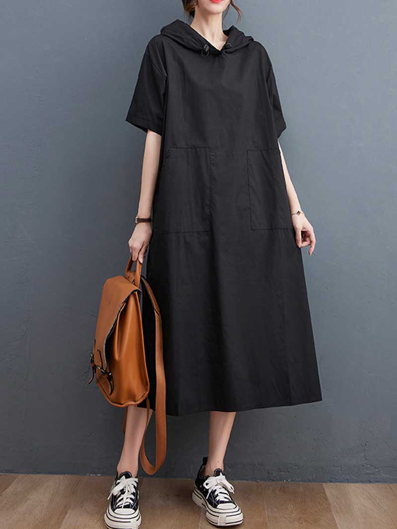Hooded Short Sleeve Double Patch-Pocket A-line Midi Dress