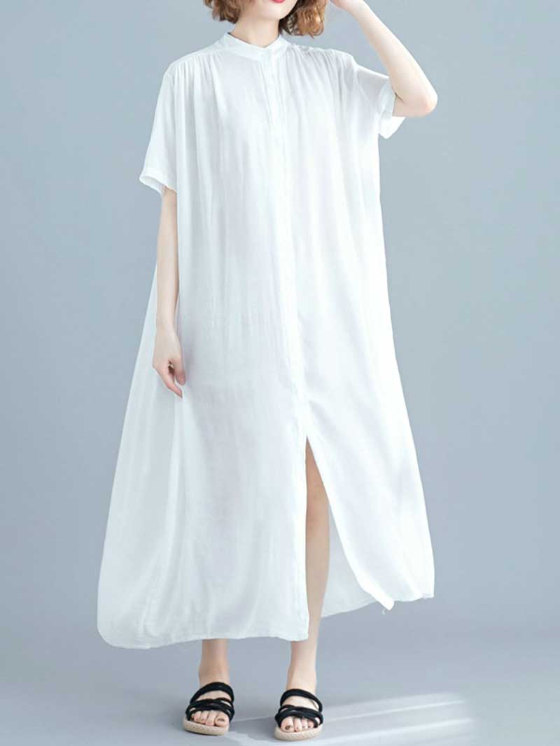 Long Cotton Front Button Cotton Shirt Dress (White - Black - Grey- Apricot) - Fashionpara