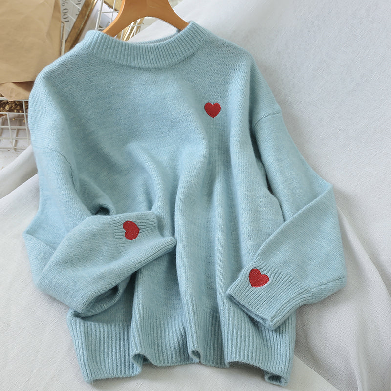 KittenAlarm - Little Heart Embroidery O-Neck Sweater