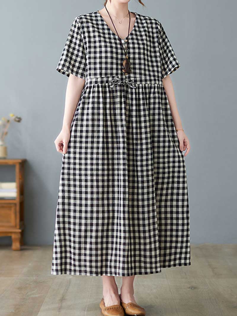 Feel Ambitious Plaid Cotton Smock Dress - Fashionpara