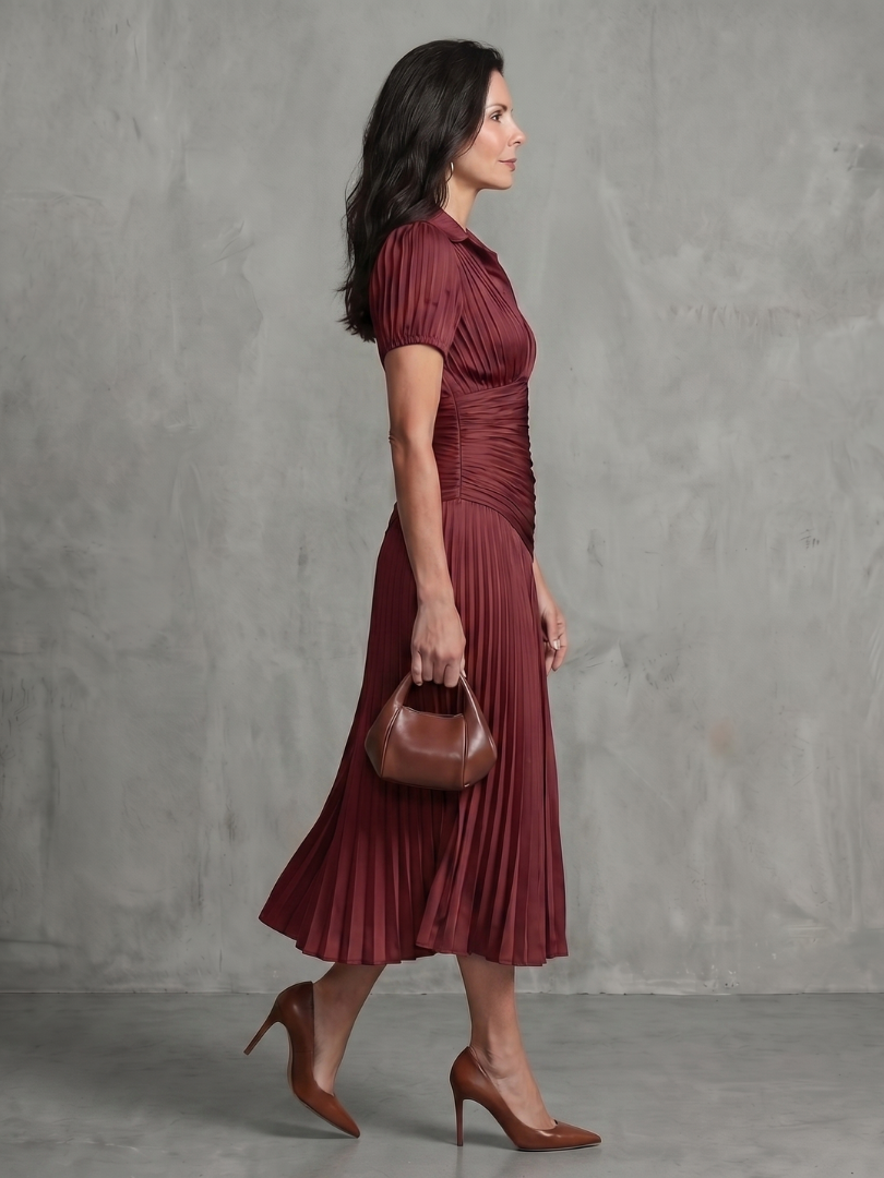 Striped Collared Puff Sleeve Pleated Midi Dress 7