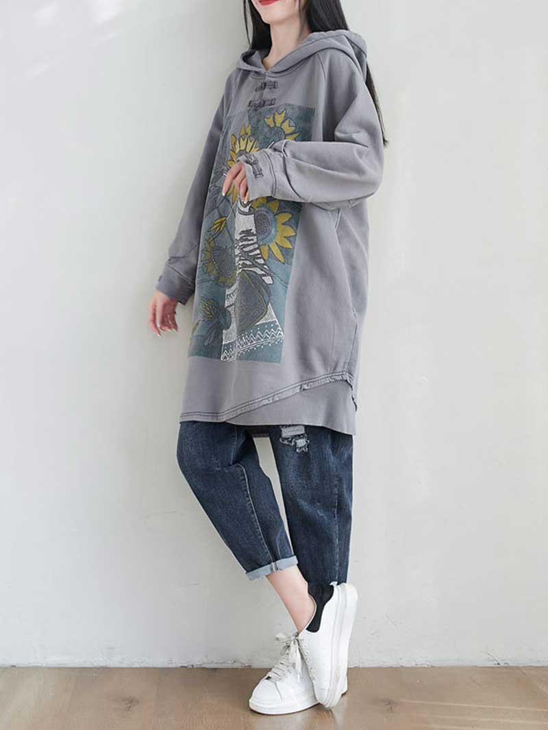 City Of Stars Floral Print Hooded Sweater Midi Dress - Fashionpara