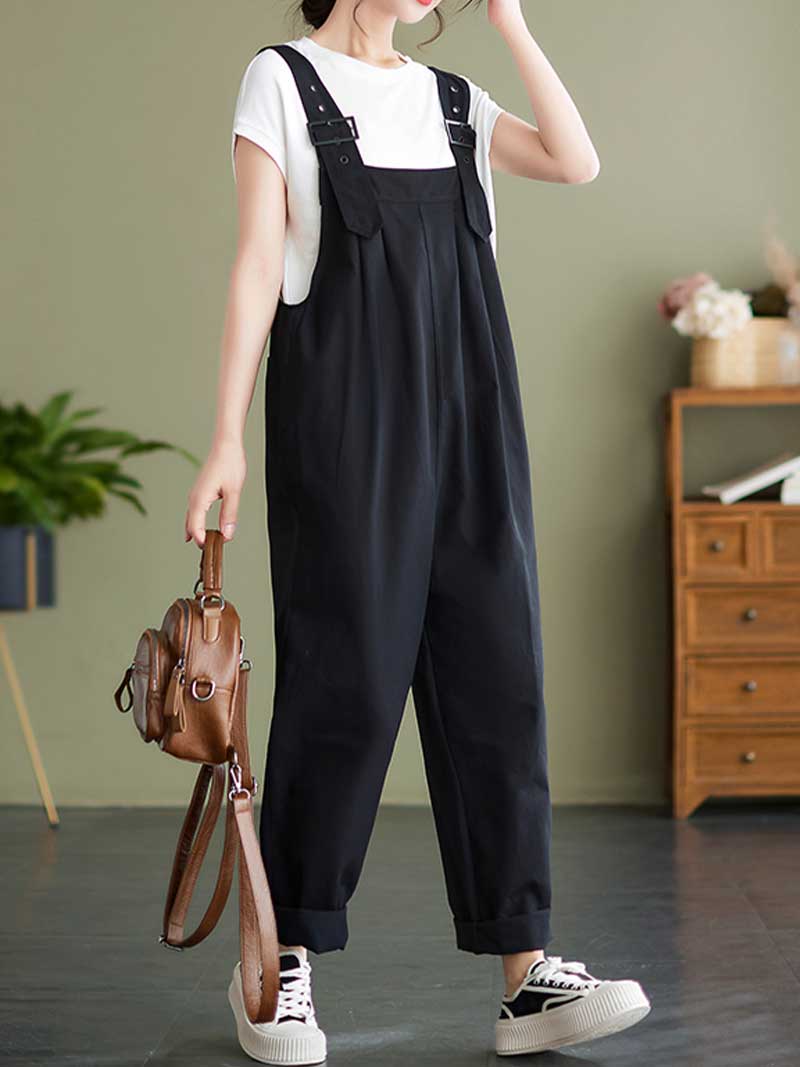 Plain Cotton Overalls High Waist Dungaree - Fashionpara