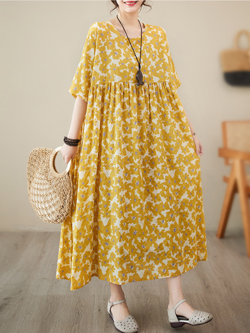 Drop a picture Cotton Round Neck Smock Dress - Fashionpara