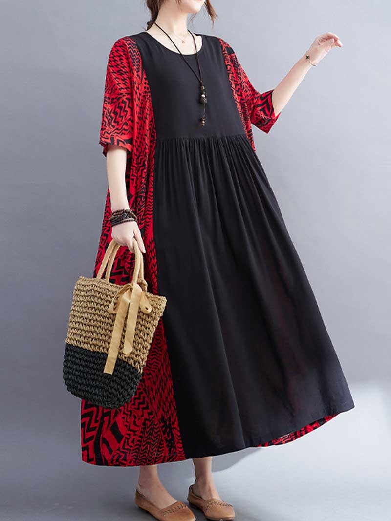 Geometric Print Round Neck Short Sleeve Pleated Maxi Dress 9