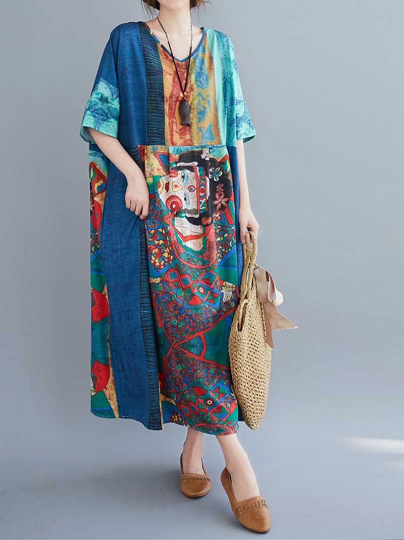 Abstract Art Print V-Neck Patchwork Kaftan Maxi Dress 6