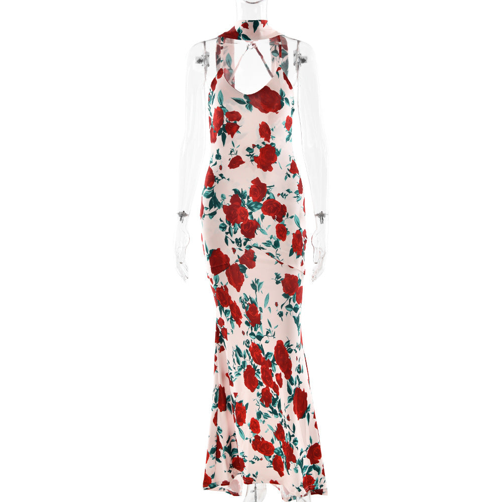 Floral Halter Cowl-Neck Backless Mermaid Maxi Dress 7