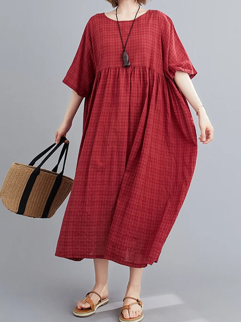 Plaid Round Neck Short Sleeve Smock Midi Dress 7