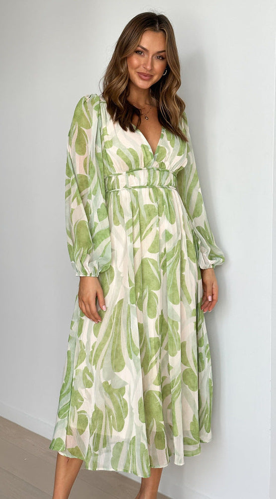 Printed V-Neck Puff-Sleeve Empire A-Line Midi Dress 7