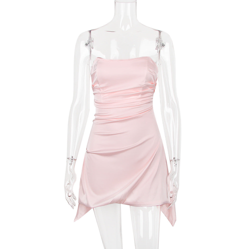 Satin Strapless Sweetheart Ruched Draped-Hem Mini Dress 7