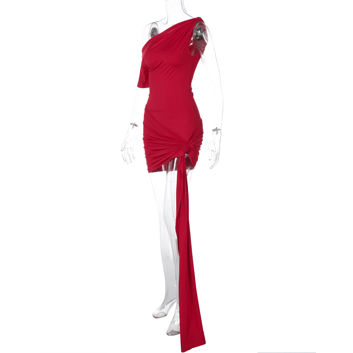 One-Shoulder Draped Asymmetric Ruched Mini Dress 7