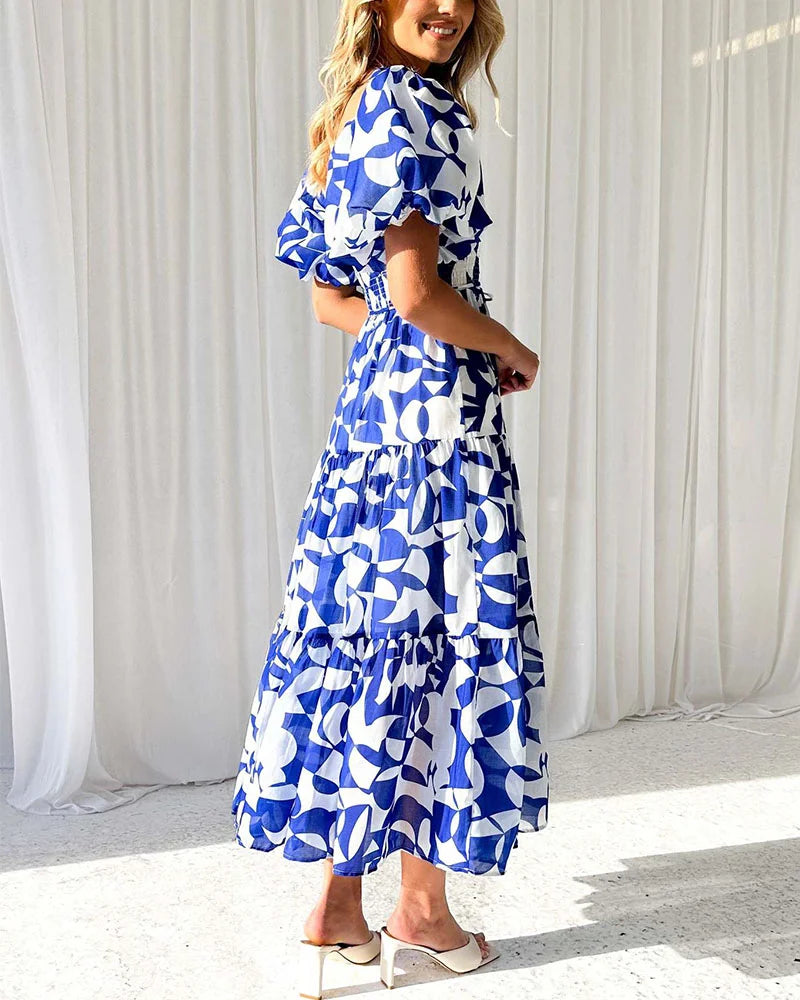 Elegant printed one-shoulder puff-sleeve dress - Fashionpara