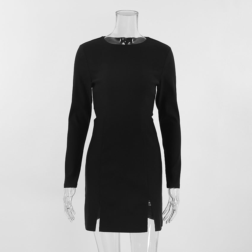 Ribbed Knit Crew Neck Long Sleeve Slit Mini Dress 6