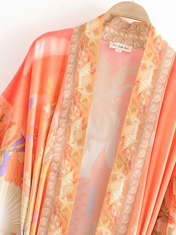 Floral Partywear Cotton Silk Kimono Orange Color Cotton Long Length Gown Robe Kimono - Fashionpara
