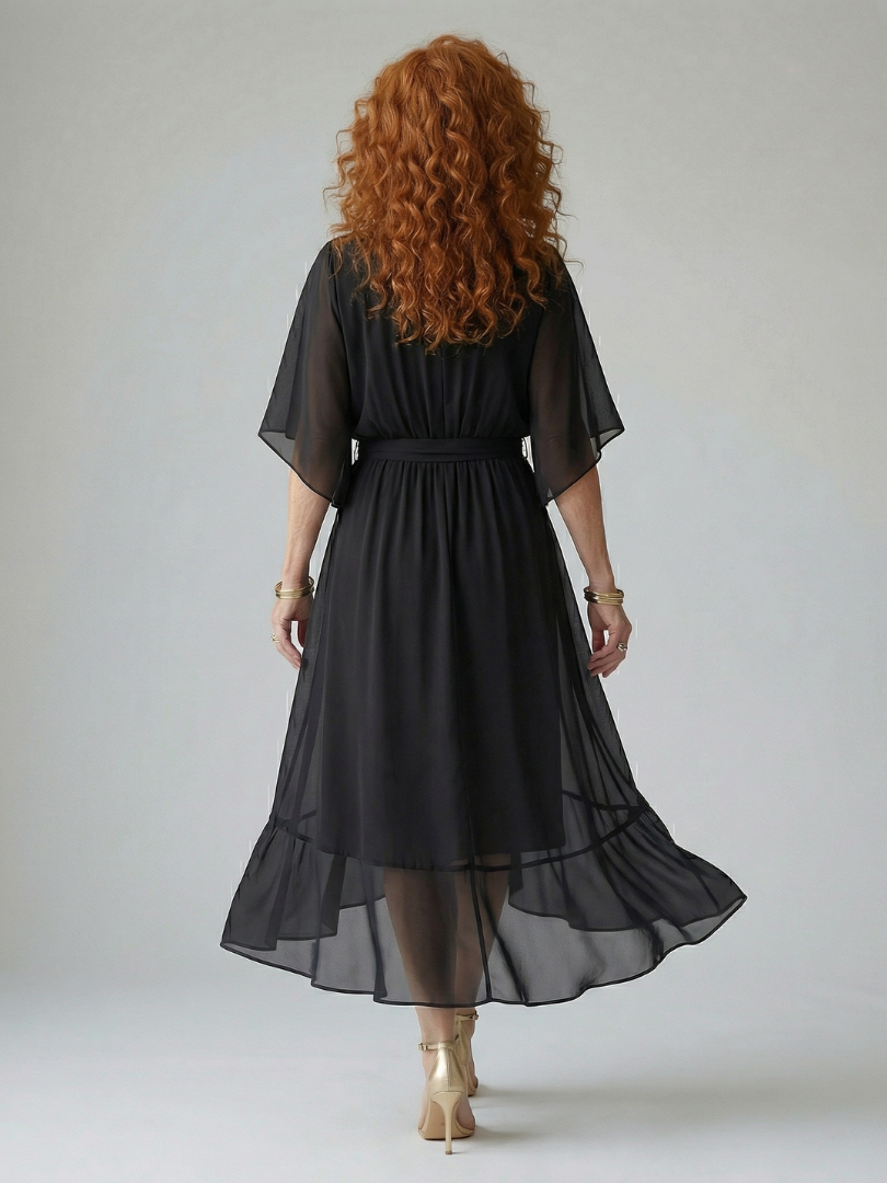 Chiffon Wrap V-Neck Flutter Sleeve Belted High Low Midi Dress 6
