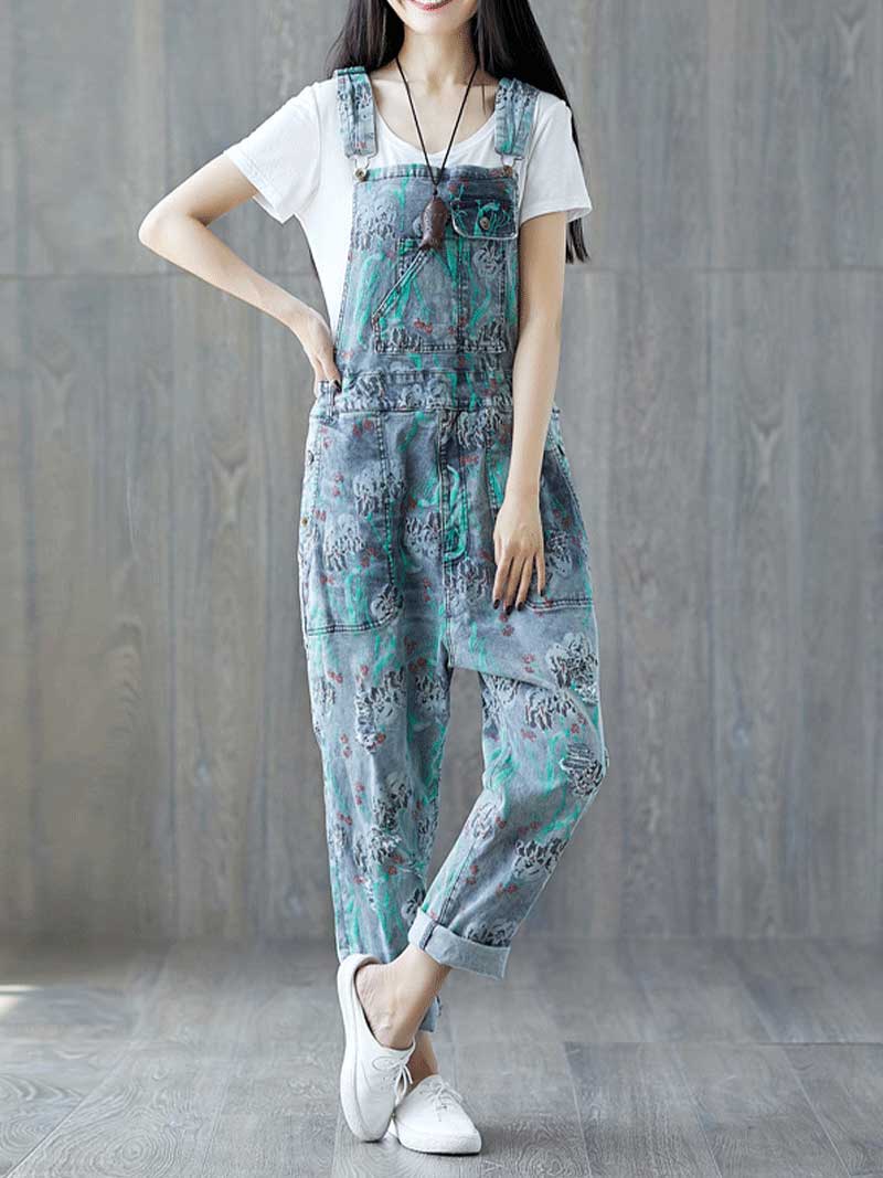 Reality Is Wrong Ripped Printed Straps Denim Overall Dungarees - Fashionpara