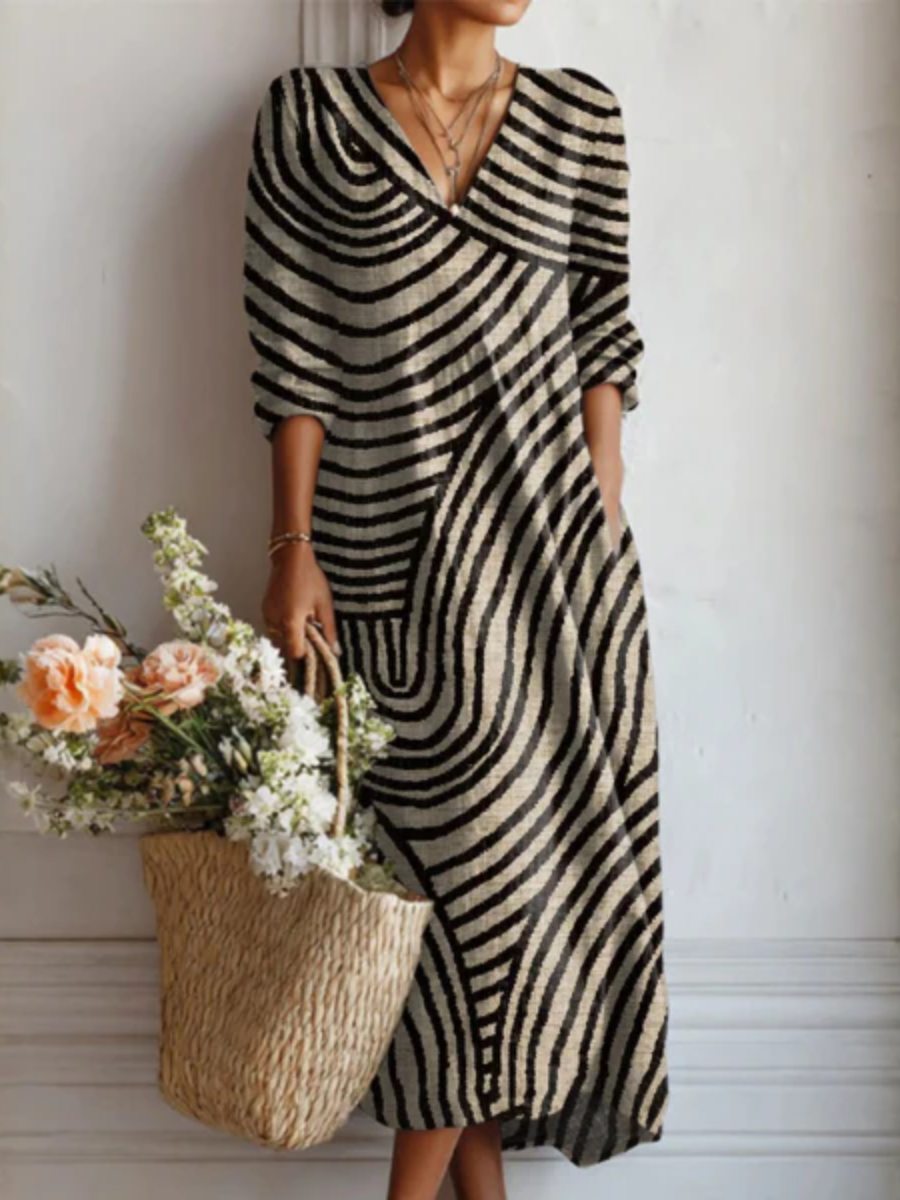Swirl Stripe V-Neck Long Sleeve Midi Dress