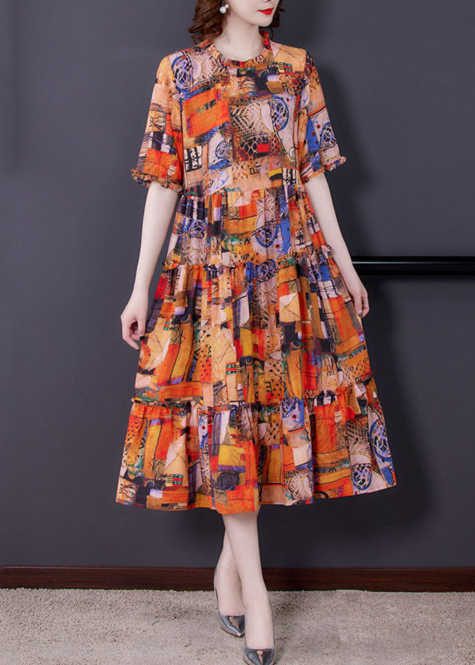 Abstract Patchwork Print Ruffle Collar Short Sleeve Midi Dress - View 3