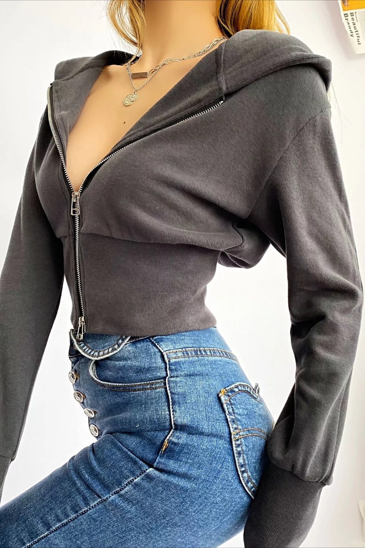 Solid Dual Zipper Slim Cropped Hoodie 5