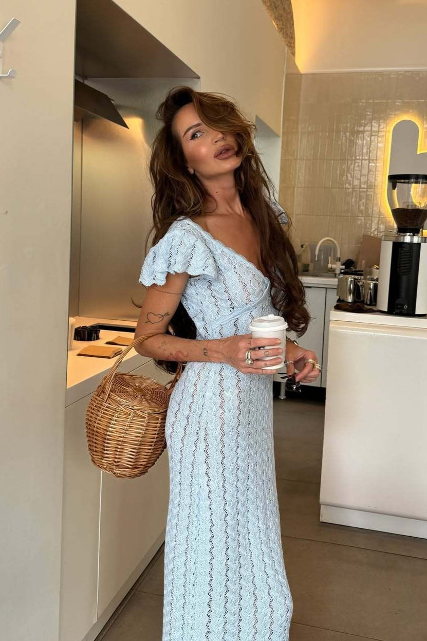 Crochet Knit V-Neck Flutter Sleeve Bodycon Maxi Dress 6