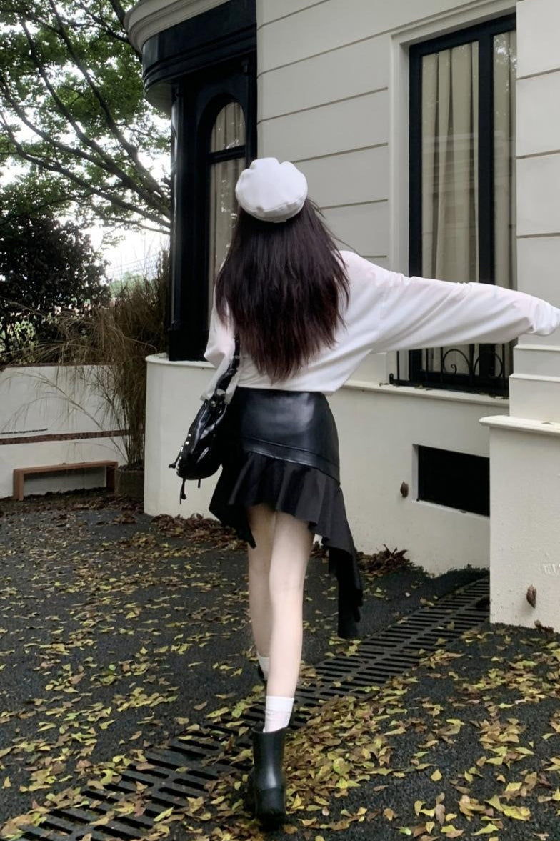 Asymmetrical Ruffle A-Line PU Leather Skirt