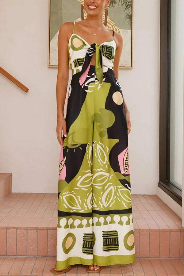 Unique Print Back Pleated Suspender Wide-leg Jumpsuit - Fashionpara