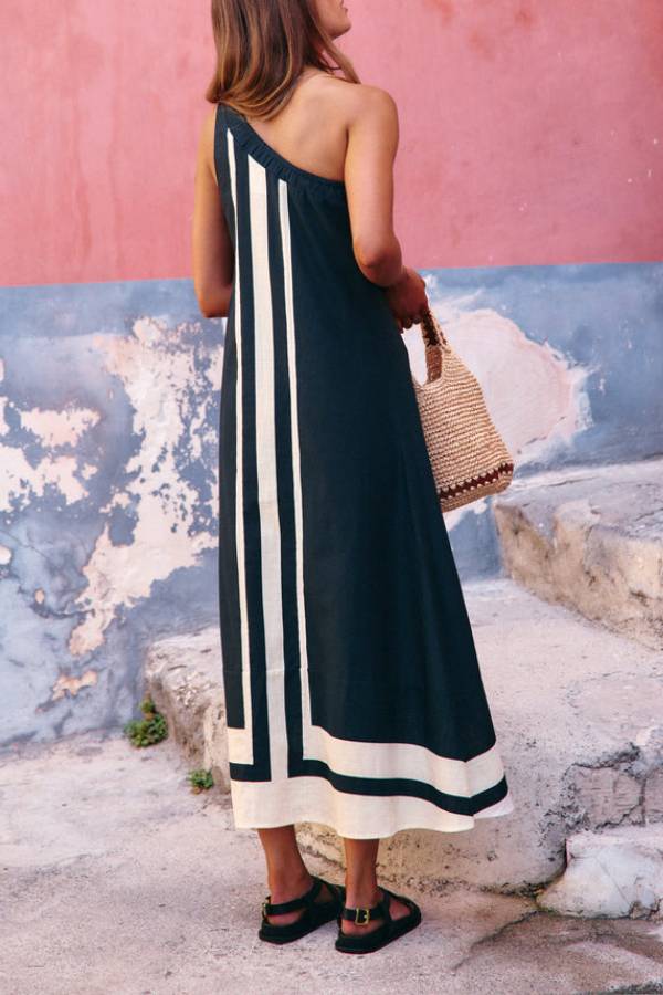 Grace Linen Blend Contrast Color Lines One Shoulder A-line Midi Dress - Fashionpara