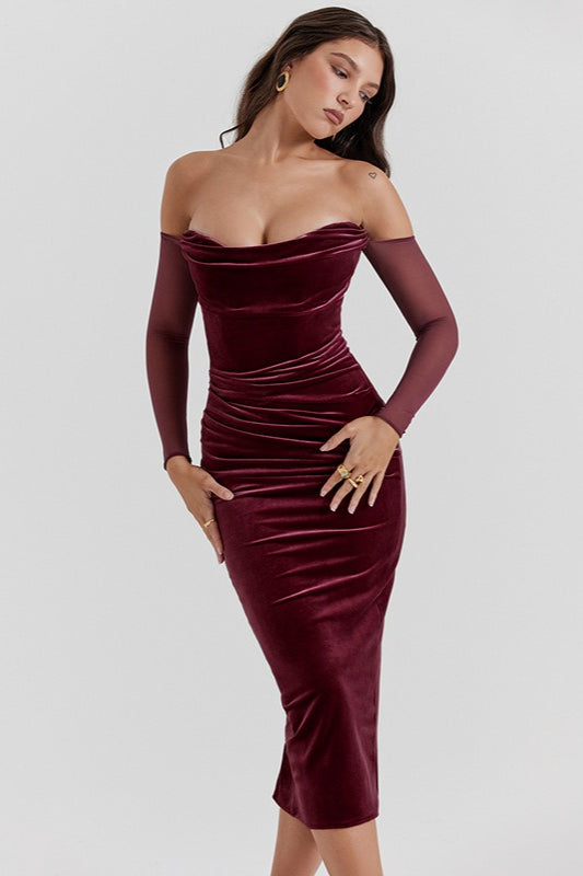 Elegant One Shoulder Ruched Formal Velvet Dress - Fashionpara