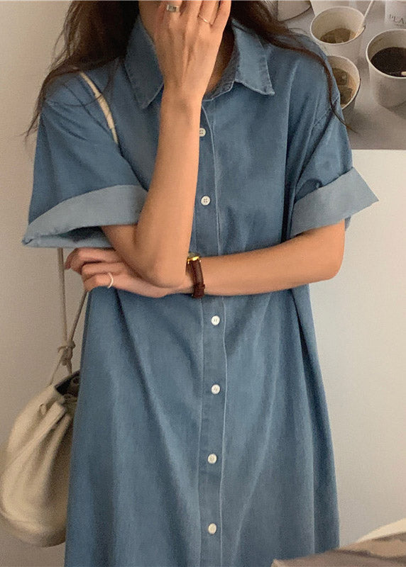 Denim Button Down Shirt Collar Short Sleeve Midi Shirt Dress - View 3