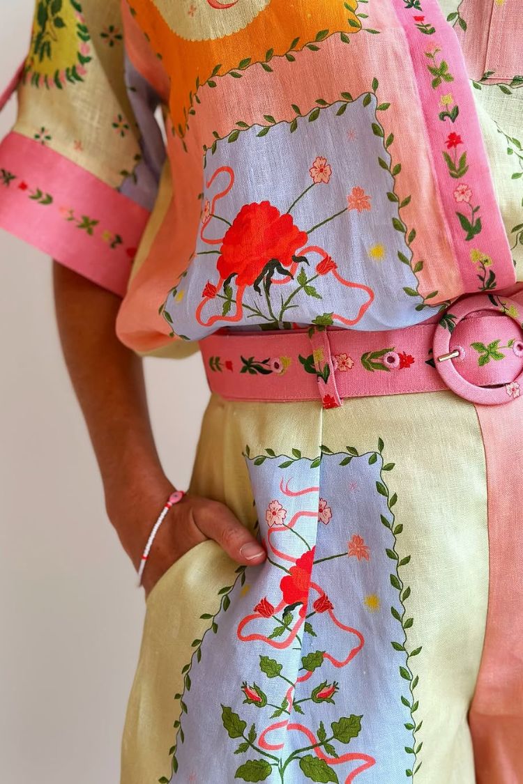 Lily Song Linen Blend Unique Print Short Sleeve Shirt and Belted Pocket Shorts Set - Fashionpara